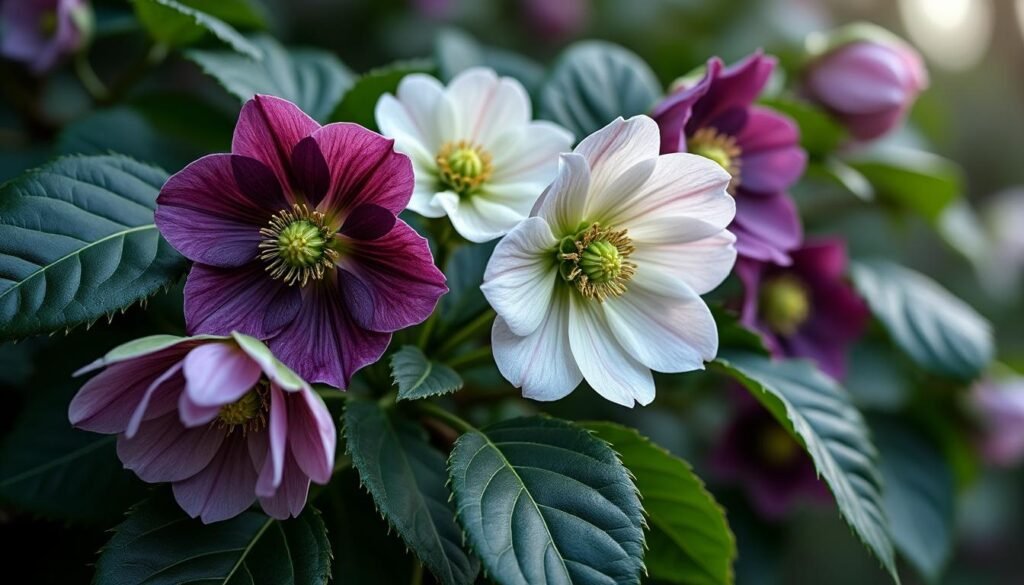 découvrez l'helleborus niger, la rose de noël incontournable, avec ses fleurs hivernales élégantes en blanc et pourpre, parfaite pour égayer votre jardin en saison froide.
