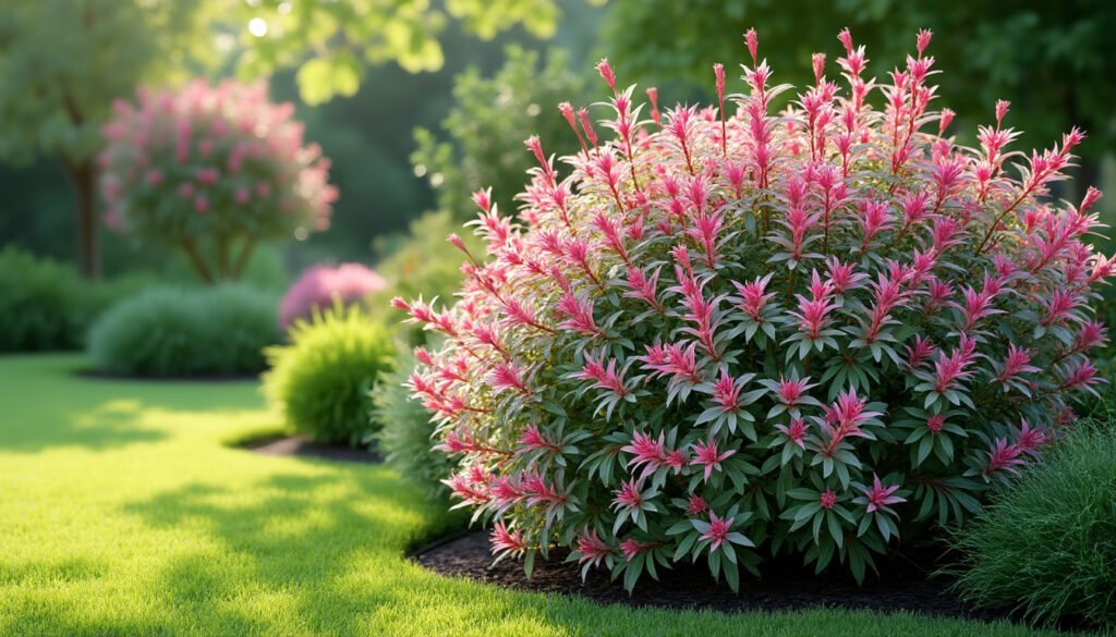 découvrez le salix integra flamingo, un superbe saule crevette en buisson aux feuilles roses et vertes, parfait pour embellir votre jardin avec une touche colorée et élégante.